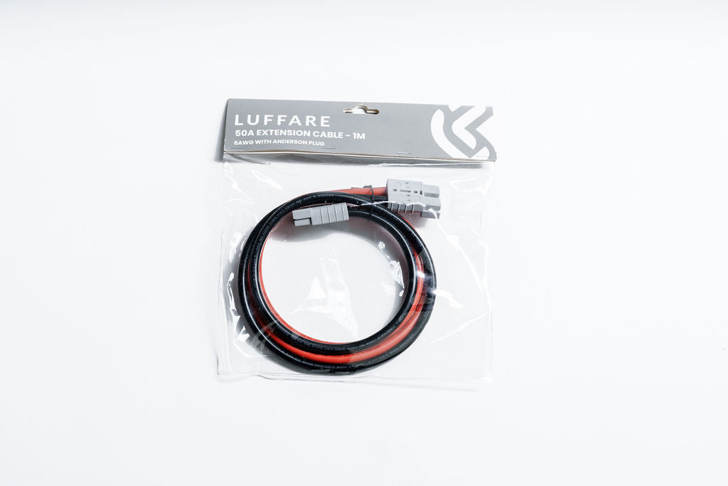 Luffare 50A 2m Anderson Extension Cable in branded retail packaging — coiled 6AWG red and black cable with grey SB50-style Anderson plug visible inside the bag