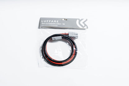 Luffare 50A 2m Anderson Extension Cable in branded retail packaging — coiled 6AWG red and black cable with grey SB50-style Anderson plug visible inside the bag