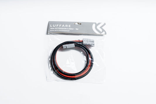 Luffare 50A 2m Anderson Extension Cable in branded retail packaging — coiled 6AWG red and black cable with grey SB50-style Anderson plug visible inside the bag